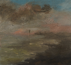 Evening pink sky distant boat